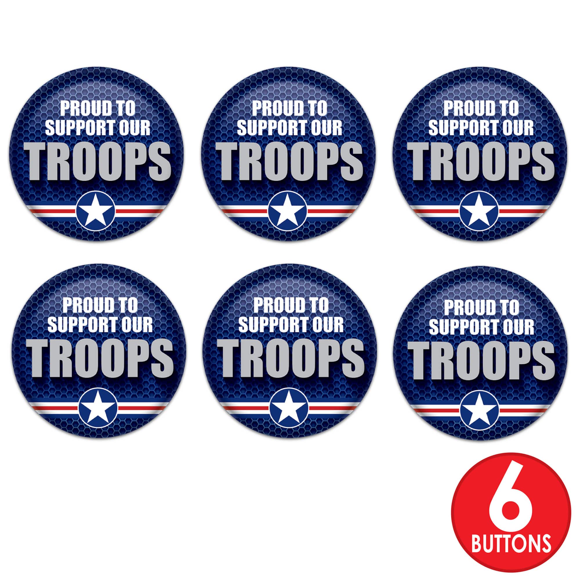 Beistle 2" Blue & Silver Proud To Support Our Troops Buttons, 6ct.